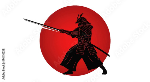 Silhouette Samurai Warrior with Katana Sword and Red Sun Background