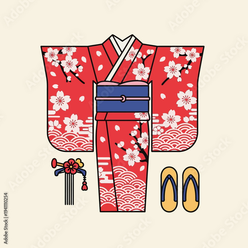 Traditional Japanese Kimono with Cherry Blossoms, Obi, Hairpin, and Geta Sandals