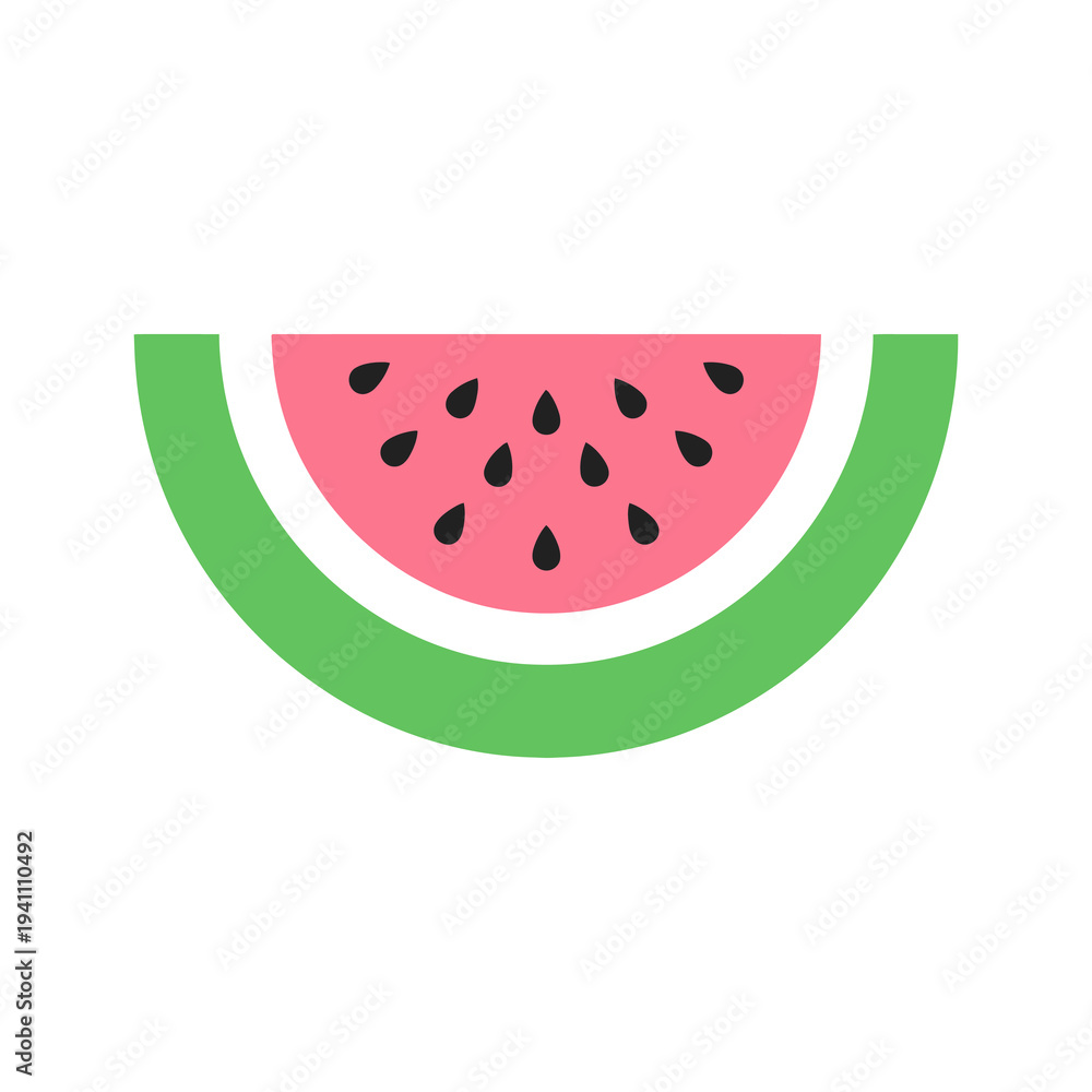 Fototapeta premium A simple graphic of a slice of watermelon with green rind and black seeds.