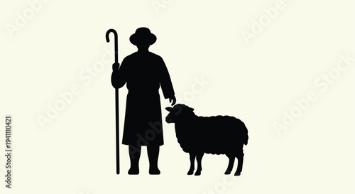 A silhouette of a shepherd standing with a sheep on a beige background holding a shepherds staff, Generative AI.