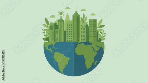 Eco friendly cityscape on a green earth with blue oceans and continents symbolizing sustainable urban development and environmental conservation