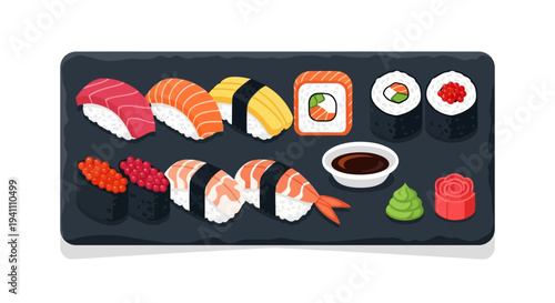 Assortment of Fresh Sushi and Sashimi on a Slate Platter with Soy Sauce