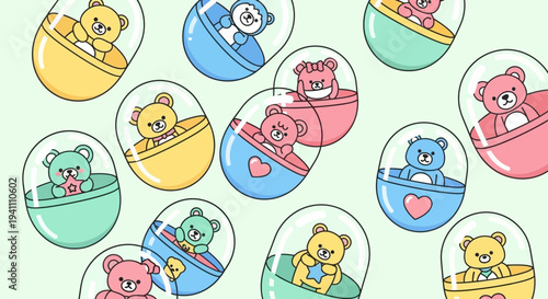 Cute Teddy Bear Toys in Capsule Vending Machine Pods, Kawaii Style