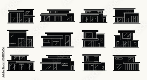 Collection of modern house and building floor plan designs in black silhouette, Generative AI.