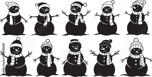 Black Silhouette Snowmen in Winter Hats and Scarves Set