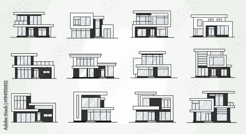 Collection of modern house architectural designs and blueprints in black and white, Generative AI.