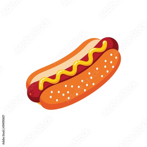 A cartoon hot dog with mustard on a bun.