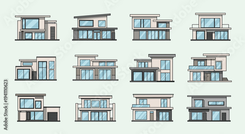 Collection of modern house designs and blueprints in various styles and layouts on a light green background, Generative AI.