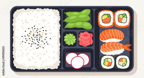 Japanese Bento Box Lunch: Sushi, Rice, Edamame, and Pickled Ginger