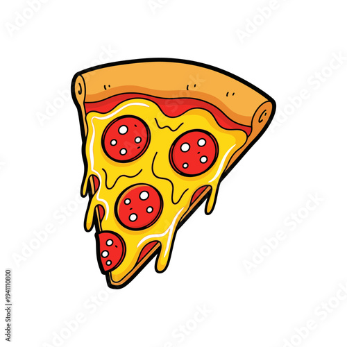 A cartoon slice of pepperoni pizza with melted cheese and tomato sauce.