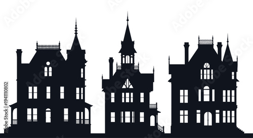 Three spooky black silhouette haunted houses with turrets and spires for halloween decorations and designs, Generative AI.