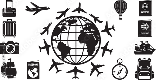 Travel and Transportation Icons Around the World Globe Symbol