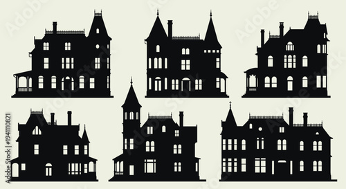 Collection of six black silhouette house icons on beige background with various architectural styles and details, Generative AI.