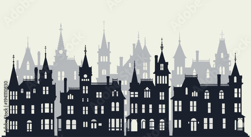 Illustration of a stylized city skyline with buildings and spires in silhouette against a light background, Generative AI.