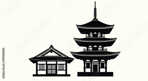 Black silhouette of a traditional japanese pagoda and smaller building with intricate architectural details, Generative AI.