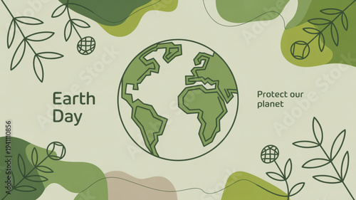 Earth day illustration with green globe and leaves on beige background promoting eco friendly protect our planet concept