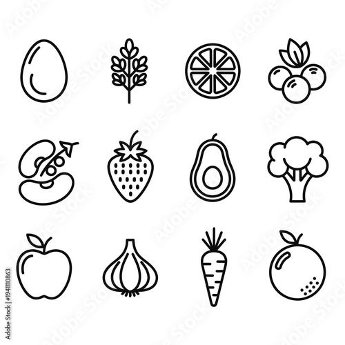 Collection of simple line icons representing various fruits and vegetables.
