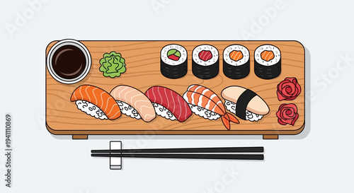 Assortment of Sushi and Rolls on Wooden Platter with Soy Sauce and Wasabi