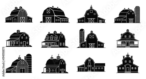 Collection of various barn and building silhouettes, Generative AI.