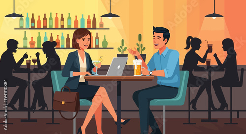 Business meeting in a bar: man and woman discussing work over drinks and laptop