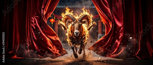 Charging ram engulfed in flames for Chinese New Year 2027. Powerful fire goat zodiac symbol emerging from red curtains. Traditional temple background with lanterns