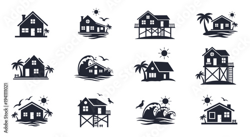 Collection of black silhouette beach house icons with palm trees and ocean waves, Generative AI.
