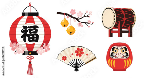 Japanese New Year Symbols: Lantern, Fan, Drum, Daruma Doll, Cherry Blossoms