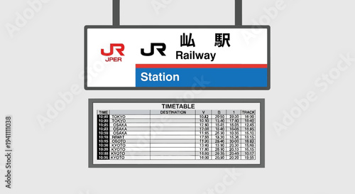 Japanese Railway Station Sign and Timetable