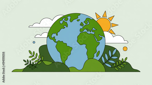 Earth globe on green hill with sun clouds and leaves symbolizing eco friendly environment and nature conservation