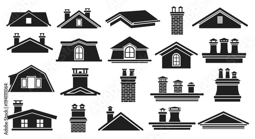 Collection of various roof and chimney designs in black silhouette, Generative AI.