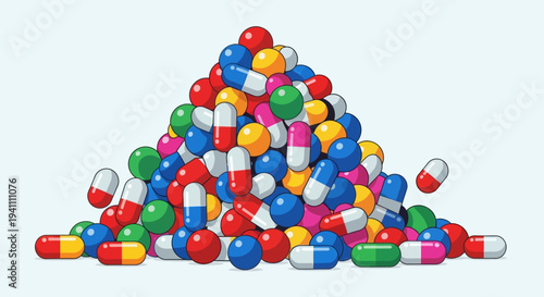 Pile of colorful pills and capsules, medical treatment and healthcare concept