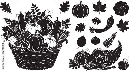 Black and white illustration of autumn harvest vegetables basket