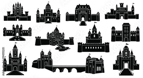 Collection of various castle silhouettes for design and decoration purposes easily customizable, Generative AI.