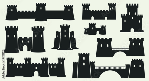 Collection of various medieval castle silhouettes on a light green background, Generative AI.