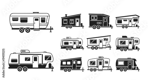 Collection of various camper trailers and motorhomes in black and white, Generative AI.