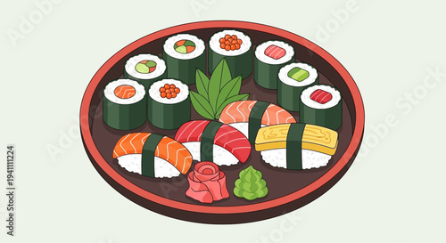 Assortment of Sushi and Rolls on a Round Plate with Wasabi and Ginger