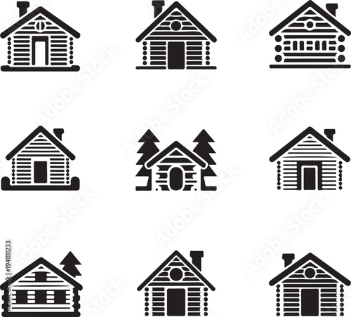 snowy cabin simple vector icon set. christmas silhouette icons on black color and white background.