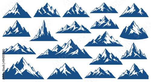 Collection of various mountain silhouettes in blue color for design and decoration purposes easily, Generative AI.