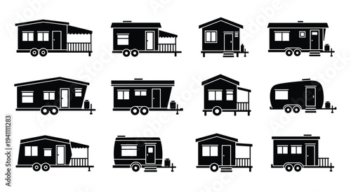 Collection of various mobile home and rv silhouettes, Generative AI.