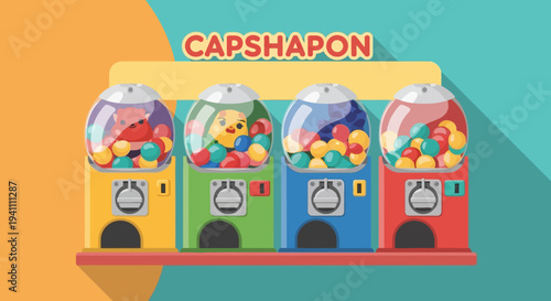 Colorful Gumball Machines Dispensing Toys and Candies