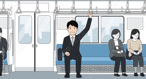 Commuter Man Holds Handle on Crowded Train, Business Travel, Daily Commute