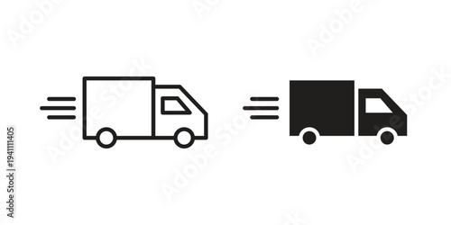Fast shipping delivery truck icon, line pictogram on white.