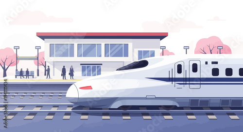Modern high-speed train arriving at a station with cherry blossoms