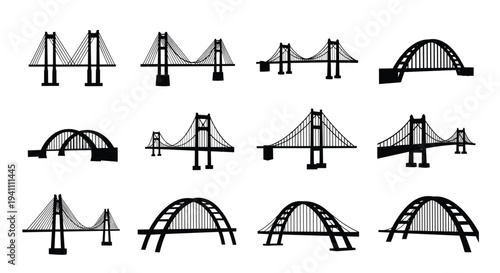 Collection of various bridge silhouettes and icons in different styles and designs, Generative AI.