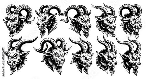 Collection of Fierce Goat Heads - Black and White Vector Illustrations