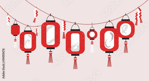 Red Lanterns with Dragon Graphics Hanging on String for Chinese New Year Celebration