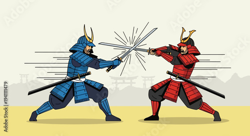 Samurai Warriors Clash Swords in Epic Battle, Japanese Torii Gates Background