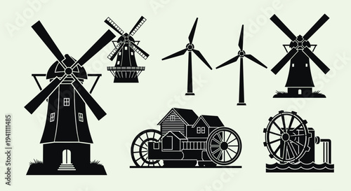 Collection of various black silhouette wind turbines and old machinery icons on light green background, Generative AI.