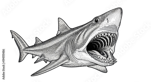 Aggressive Great White Shark with Open Mouth and Sharp Teeth, Black and White Illustration