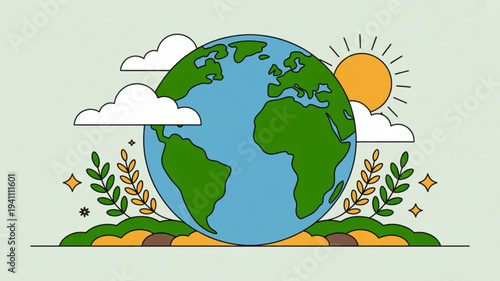 Earth globe illustration with green land blue oceans sunny sky clouds and plants symbolizing eco friendly environment and nature conservation
